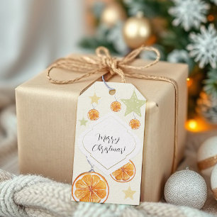 Étiquettes-cadeau Oranges et Étoiles de Motif Élégant sur Fond Beige