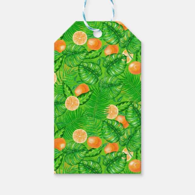 Étiquettes-cadeau Oranges et feuilles tropicaux (Devant)