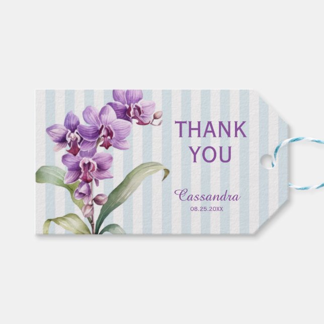 Étiquettes-cadeau Orchidée violette Vert rayures Merci Floral (Devant (Horizontal))