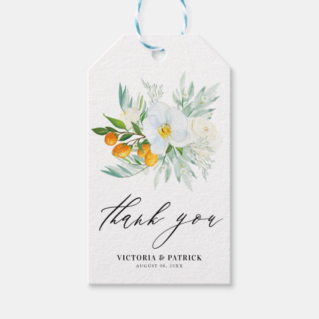 Étiquettes-cadeau Orchidées aquarelles et Merci Mariage Kumquats (Devant)