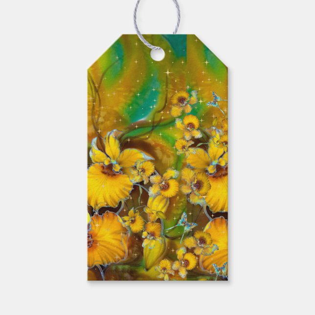 Étiquettes-cadeau Orchidées Jaunes Magique Or Étoiles Vert (Devant)