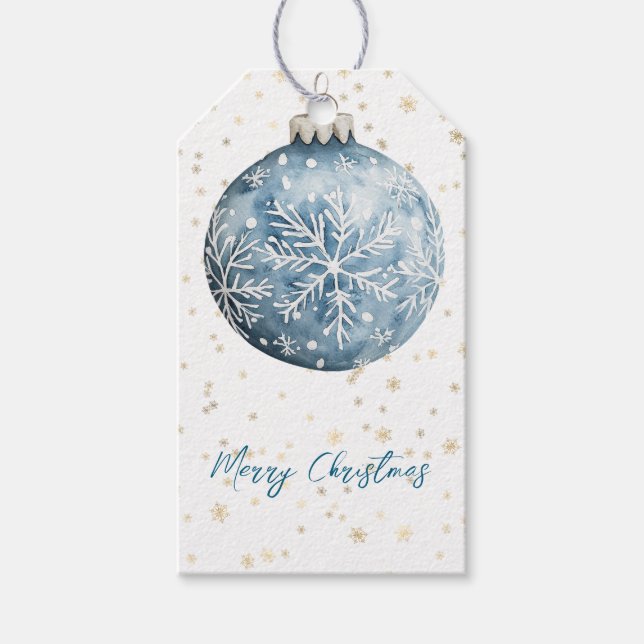 Étiquettes-cadeau Ornement de Noël Blanc Bleu Or (Devant)