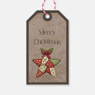 Étiquettes-cadeau Ornement étoile patchwork couleurs de Noël étiquet