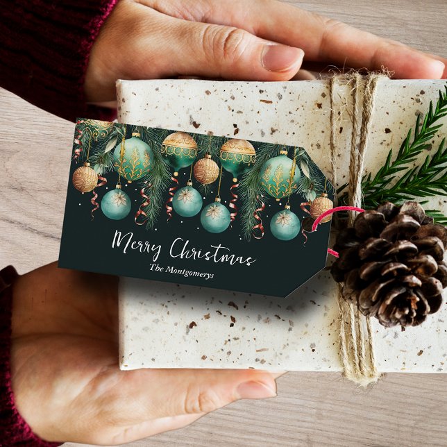 Étiquettes-cadeau Ornements de sapin de Noël vert or (Gold and green Christmas tree ornaments favor or gift tags)