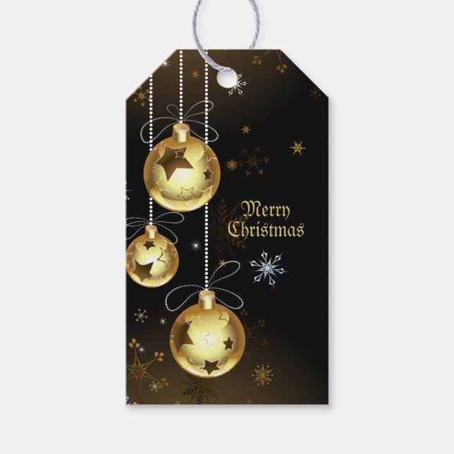 Étiquettes-cadeau Ornements dorés de Noël Étoiles brillantes Noir (Devant)