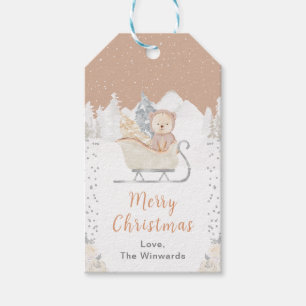 Étiquettes-cadeau Ours Brun de Noël Traîneau Joyeux Noël