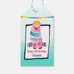 Étiquettes-cadeau Ours d'aquarelle mignon sur Aqua Green Ombre Anniv