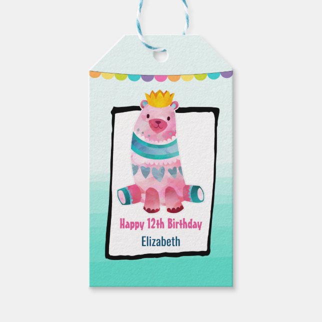 Étiquettes-cadeau Ours d'aquarelle mignon sur Aqua Green Ombre Anniv (Devant)