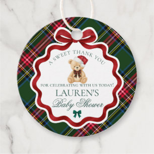 Étiquettes Cadeau Ours de Noël à carreaux tartan Baby Shower Circle