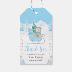 Étiquettes-cadeau Ours d'hiver bleu traîneau Baby Shower Merci