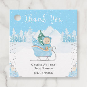 Étiquettes Cadeau Ours d'hiver bleu traîneau Baby Shower Merci