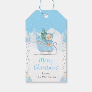 Étiquettes-cadeau Ours d'hiver bleu traîneau joyeux Noël