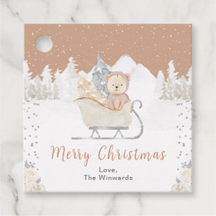 Étiquettes Cadeau Ours d'hiver Brown Sleigh Joyeux Noël