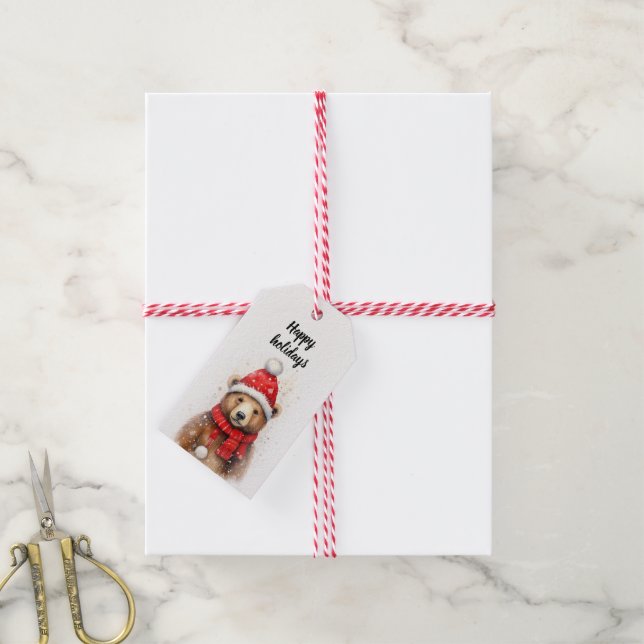 Étiquettes-cadeau Ours d'hiver dans un Casquette rouge cosy (Avec de la ficelle)