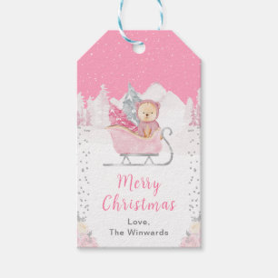 Étiquettes-cadeau Ours d'hiver Rose Traîneau Joyeux Noël