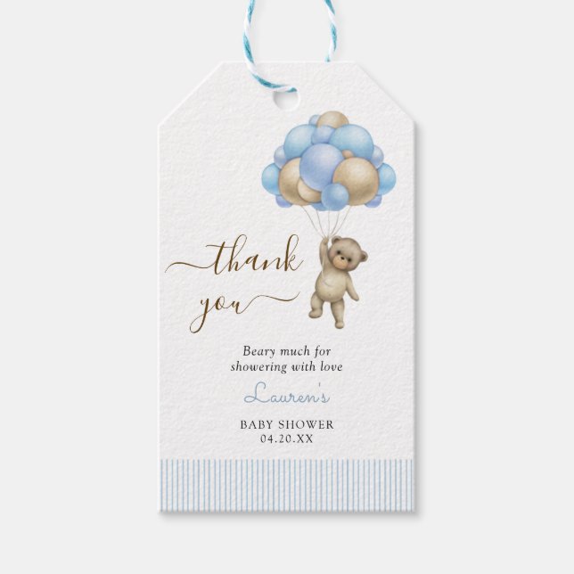 Étiquettes-cadeau Ours mignon avec ballons Garçon Merci Baby shower (Devant)
