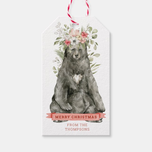 Étiquettes-cadeau Ours noir aux fleurs | Joyeux cadeau de Noël (Devant)