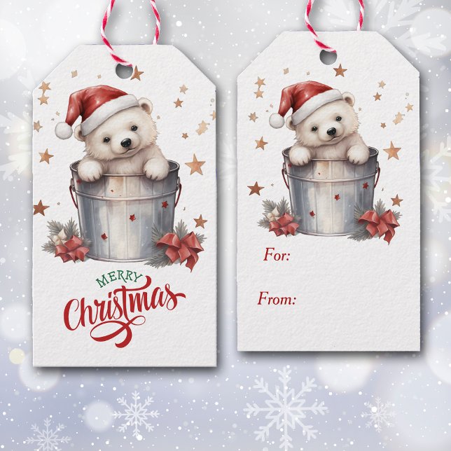 Étiquettes-cadeau Ours polaire mignon dans le seau de Noël (Créateur téléchargé)