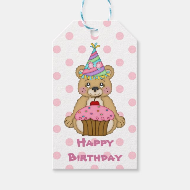 Étiquettes-cadeau Ours rose Polkadot Anniversaire (Devant)
