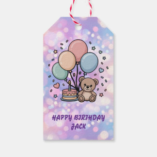 Étiquettes-cadeau Ourson Mignon et Ballons Pastel pour une Fête d'An