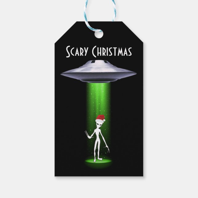 Étiquettes-cadeau OVNI de Noël Alien blanc poutre verte (Dos)