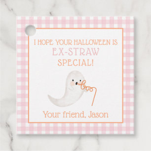 Étiquettes Cadeau Paille d'Halloween rose Orange Ghost Ek paille