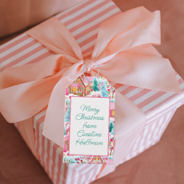 Étiquettes-cadeau Pain d'épice rose Maisons de Noël personnalisé (Créateur téléchargé)