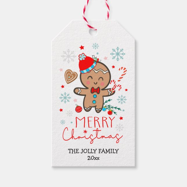 Étiquettes-cadeau Pain d'épices Homme Cookie Snowflakes Joyeux Noël (Devant)