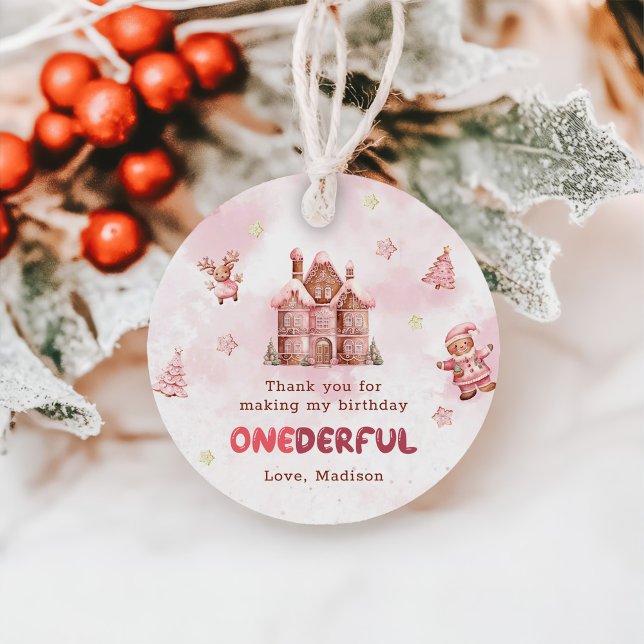 Étiquettes Cadeau Pain d'épices rose Maison Noël Premier anniversair (Créateur téléchargé)