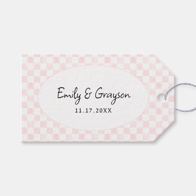Étiquettes-cadeau Painted Pink Checkerboard Pattern Wedding (Devant (Horizontal))