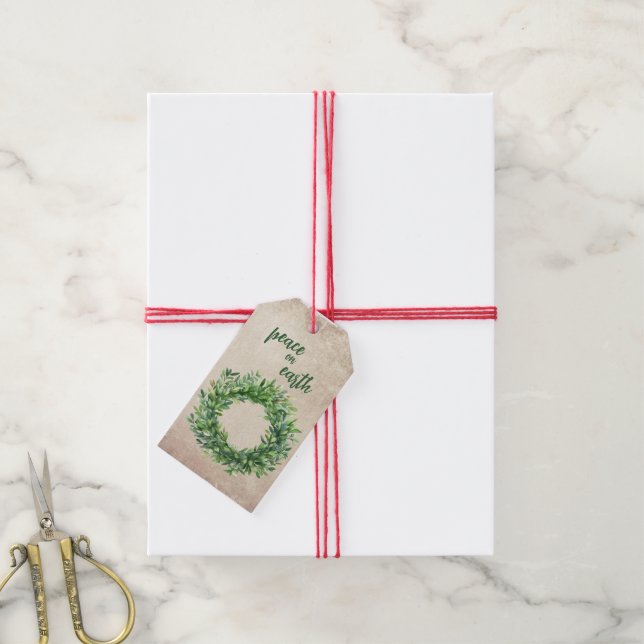 Étiquettes-cadeau Paix sur Terre Boxwood Wreath Noël (Avec de la ficelle)