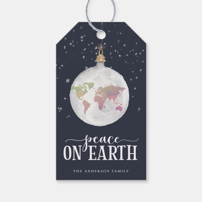 Étiquettes-cadeau Paix sur Terre Globe Ornement Blue Holiday (Devant)