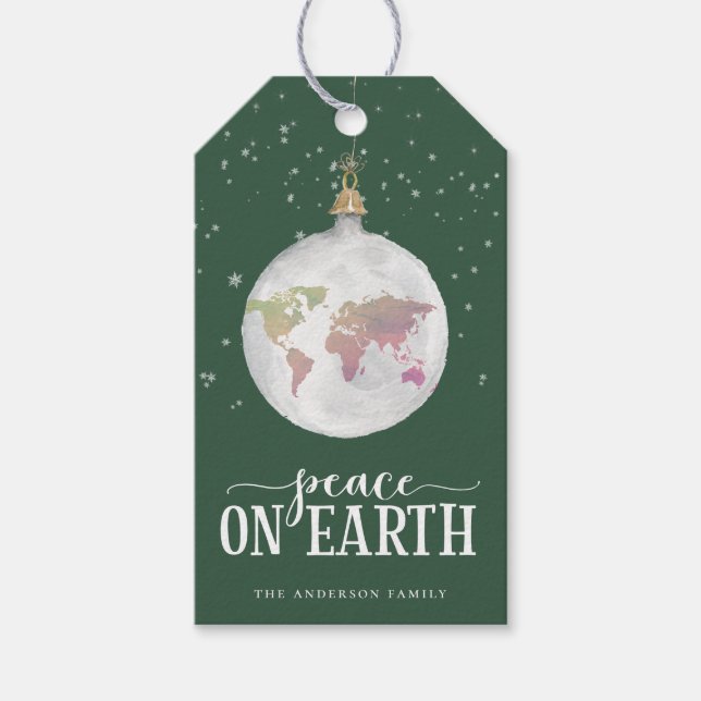 Étiquettes-cadeau Paix sur Terre Globe Ornement Green Holiday (Devant)