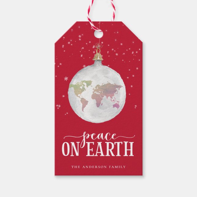 Étiquettes-cadeau Paix sur Terre Globe Ornement Red Holiday (Devant)
