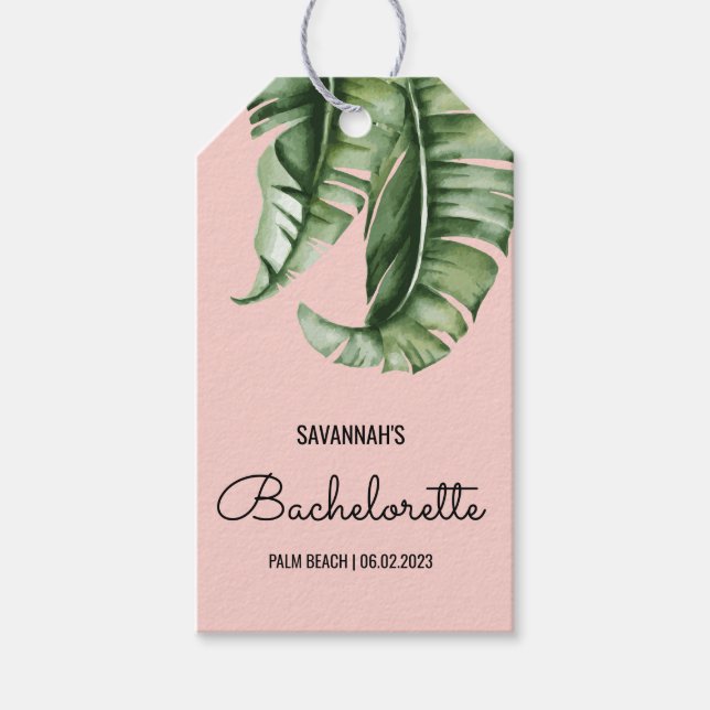 Étiquettes-cadeau Palme tropicale et Bachelorette rose Favoriser les (Devant)