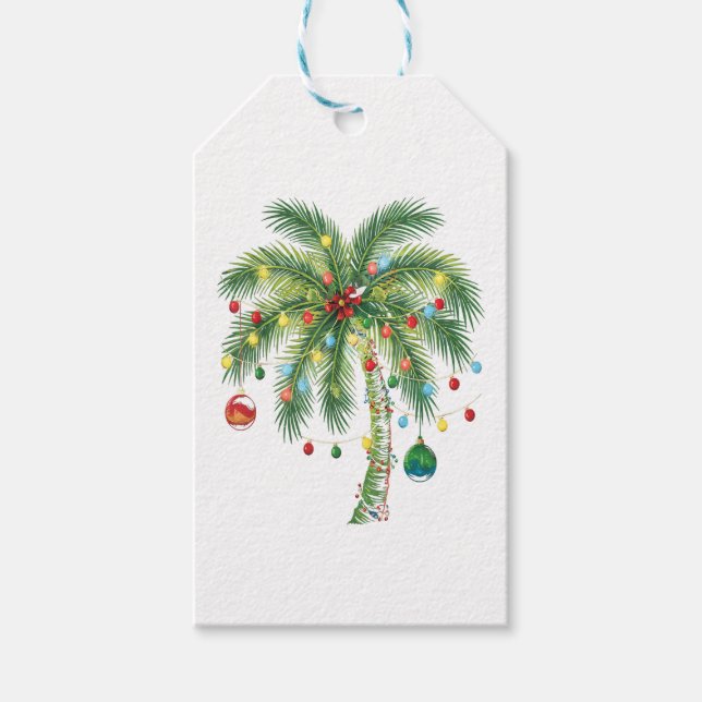 Étiquettes-cadeau Palmier de Noël tropical avec lumières et ornam (Devant)