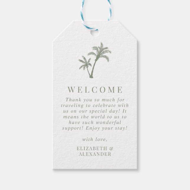 Étiquettes-cadeau Palmier tropical Sage Green Mariage Bienvenue (Devant)