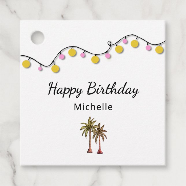 Étiquettes Cadeau Palmiers Élégants Lumières à cordes Anniversaire t (Devant)