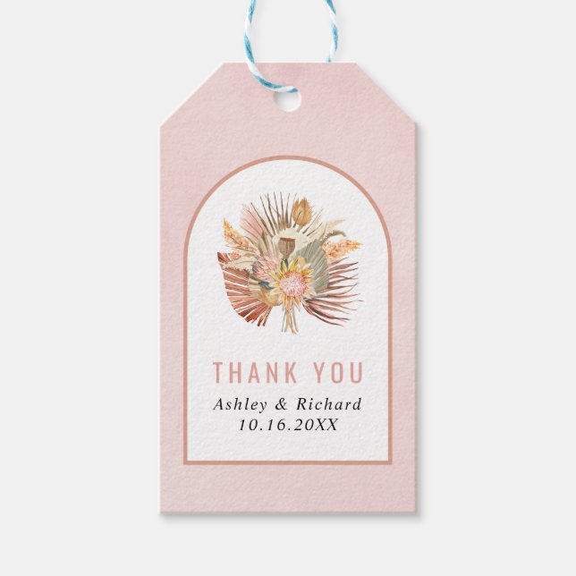 Étiquettes-cadeau Palmiers, pampas herbe douce Merci rose mariage (Devant)