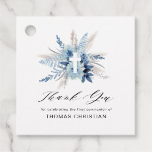 Étiquettes Cadeau pampas bleu croix florale première communion