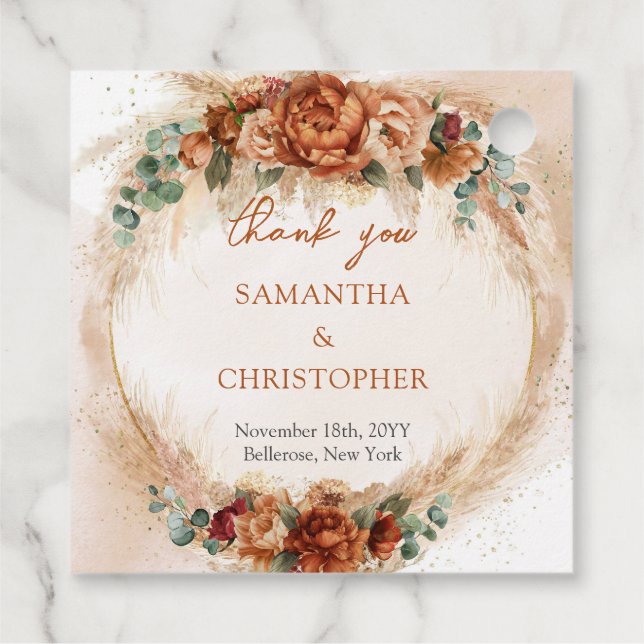 Étiquettes Cadeau Pampas bordeaux rouillé en terre cuite à l'aquarel (Dos)