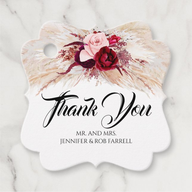 Étiquettes Cadeau Pampas Grass Bourgogne Rouge Floral Mariage modern (Devant)