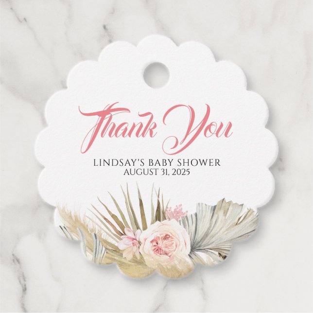Étiquettes Cadeau Pampas Grass rose Baby shower Floral Merci (Devant)