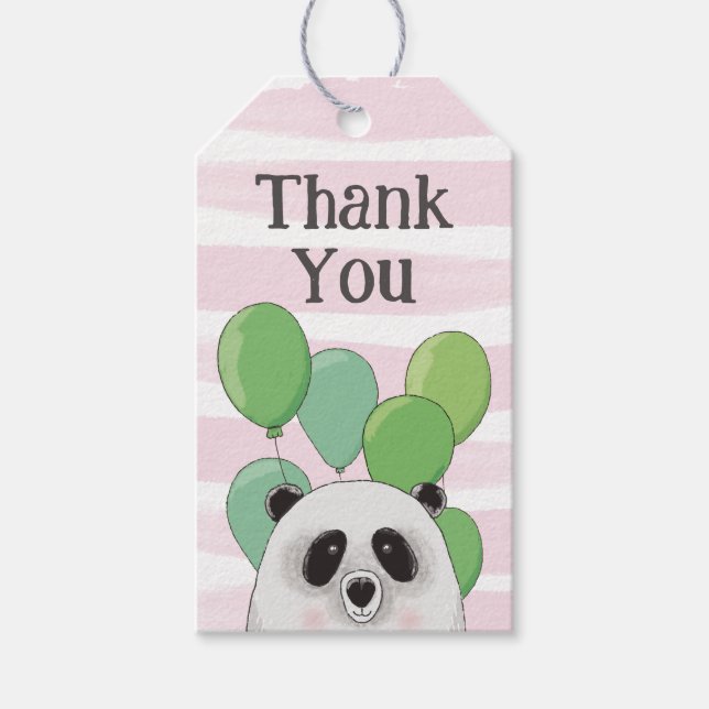 Étiquettes-cadeau Panda mignonne. Anniversaire de enfant rose et ver (Devant)