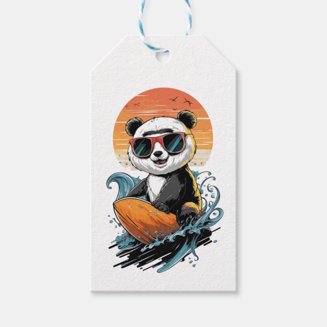 Étiquettes-cadeau Panda ours surfant cool (Devant)