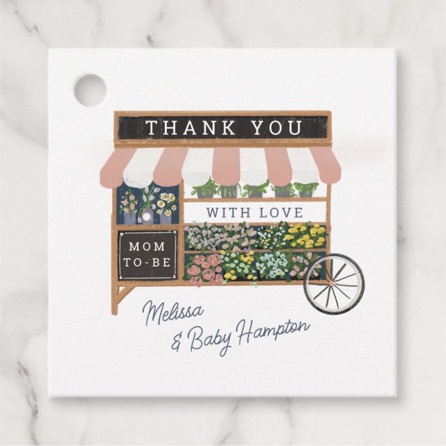 Étiquettes Cadeau Panier à fleurs Baby shower rose (Devant)