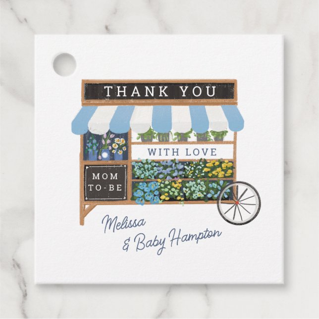 Étiquettes Cadeau Panier à fleurs Farmers Marché Baby shower bleu Fa (Devant)
