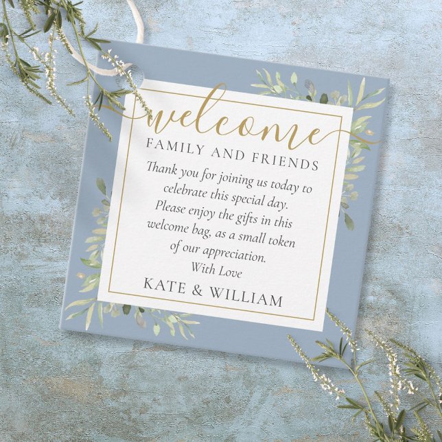 Étiquettes Cadeau Panier cadeau de bienvenue pour Mariage de feuilla (Dusty Blue Foliage Wedding Welcome Gift Bag Basket Favor Tags)