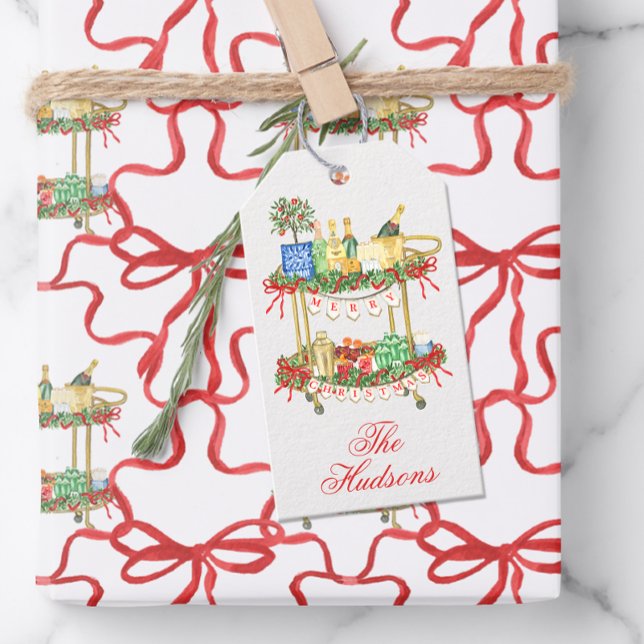 Étiquettes-cadeau Panier de champagne de Noël en aquarelle (Créateur téléchargé)