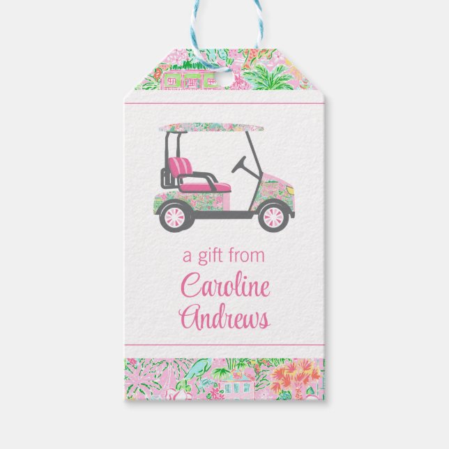 Étiquettes-cadeau Panier de golf Pink & Green Palm Beach (Devant)
